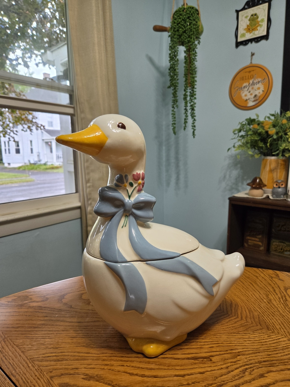 Vintage Ceramic Goose Cookie Jar Blue Ribbon Floral Bow Country Kitchen Decor